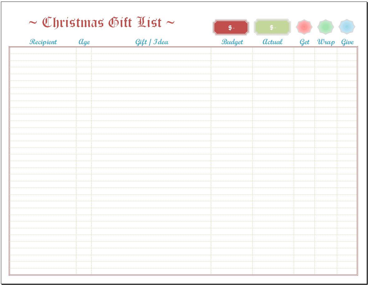 Christmas List Template Word