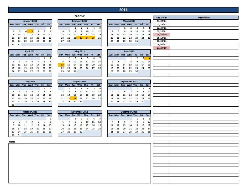 Excel Calendar with Key Dates Template