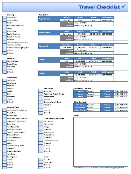 Free Excel Travel Checklist Template Download