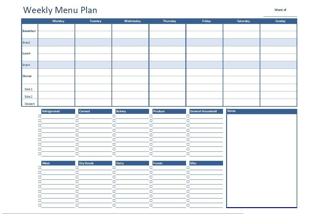 Free Excel Weekly Menu Plan Template Dowload