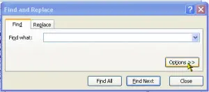 Excel Find Options