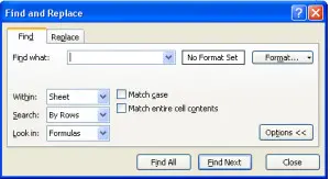 Excel Find Options Expanded
