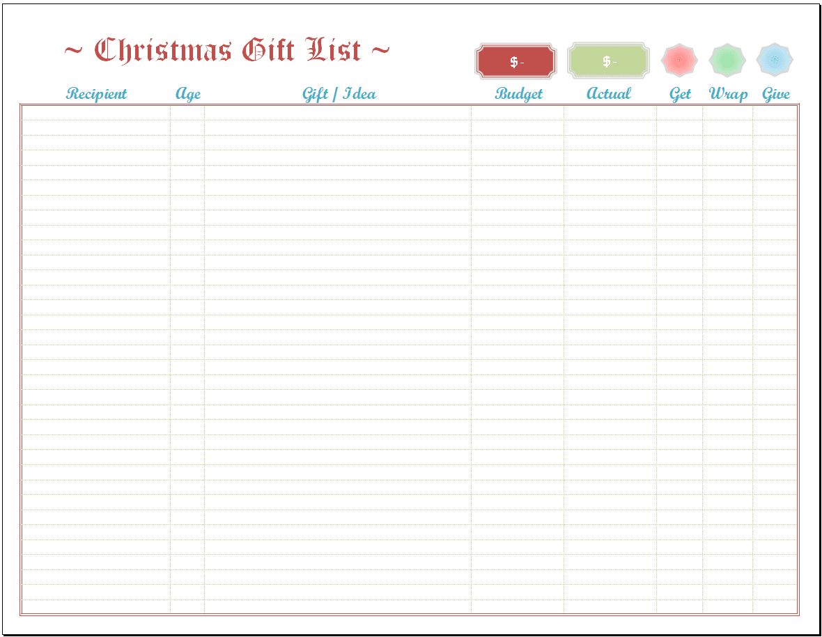 Excel Christmas List Template