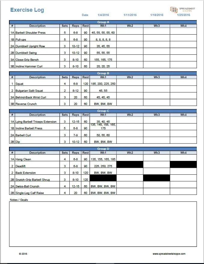 Workout Log Template - https://www.spreadsheetshoppe.com/