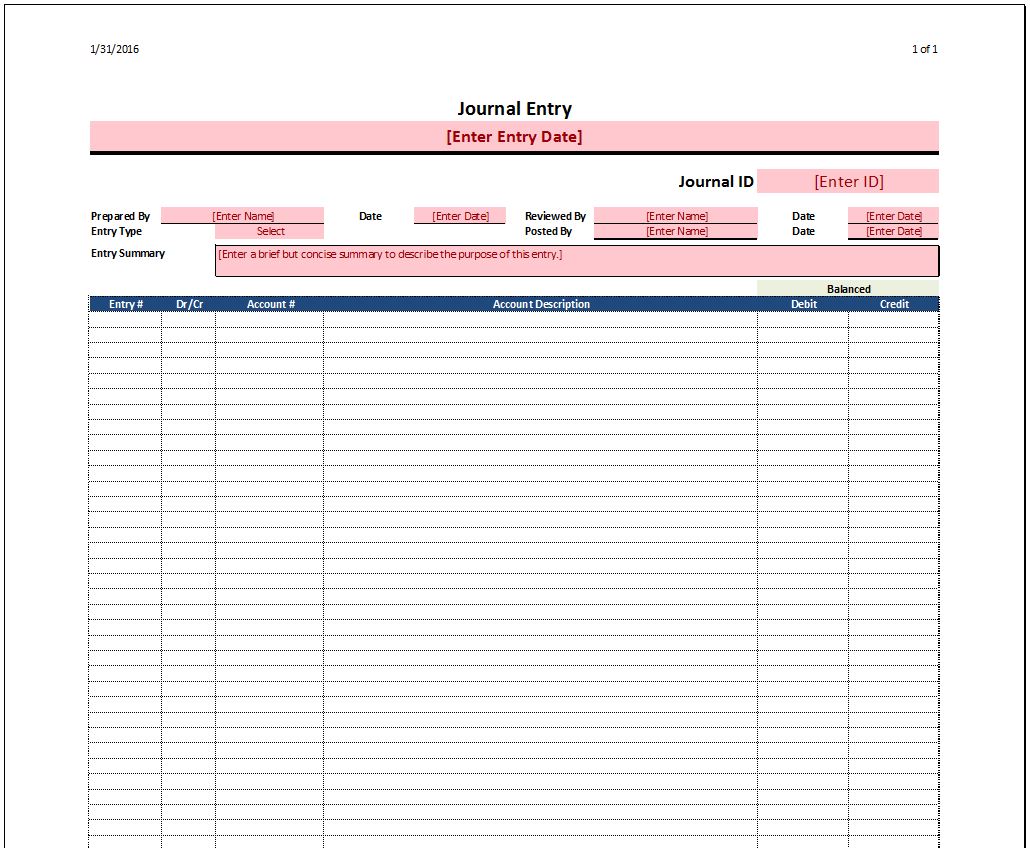 Journal Entry Template - https://www.spreadsheetshoppe.com/ Intended For Double Entry Journal Template For Word